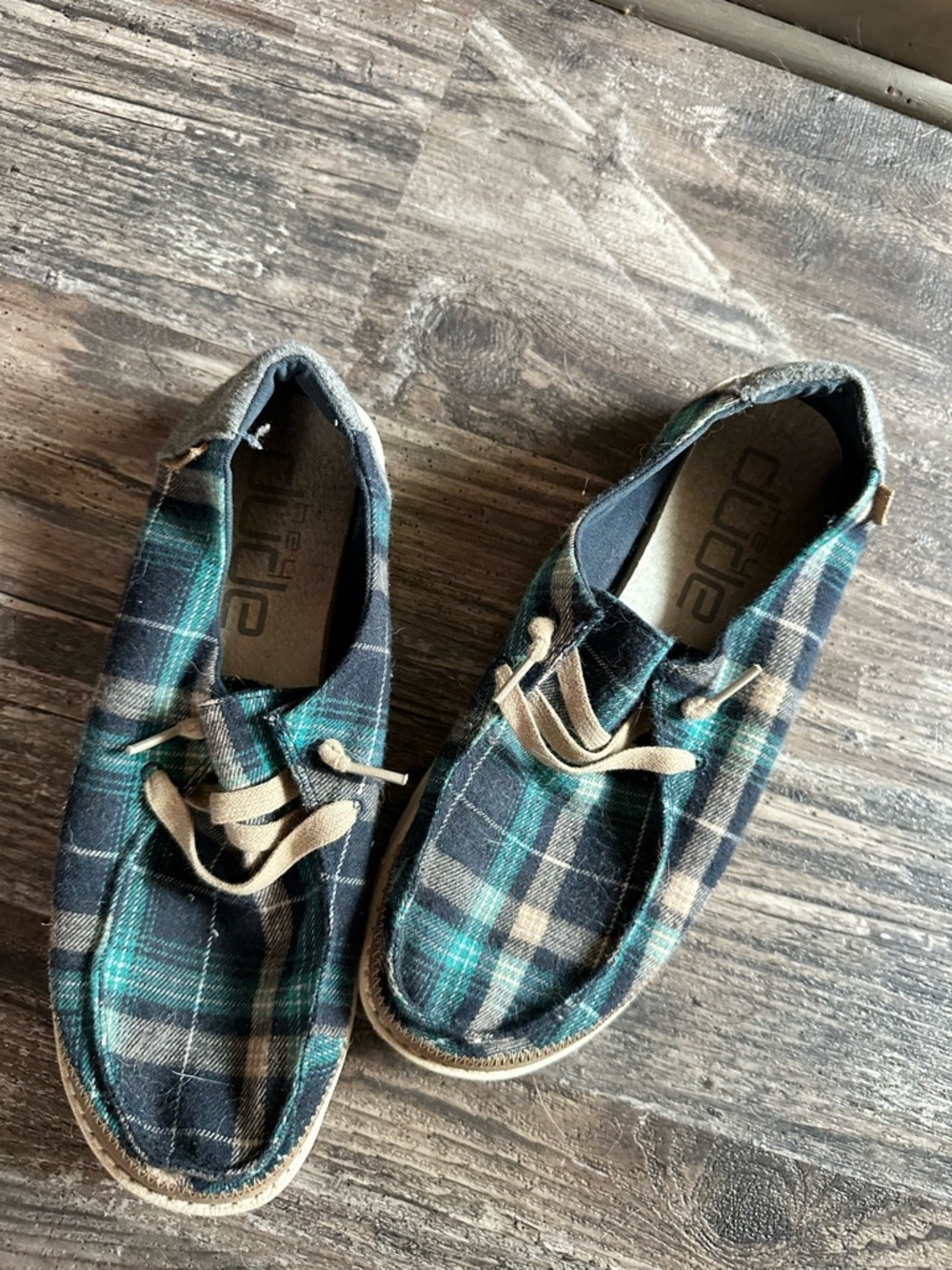 Hey Dude Plaid Blue Green Tan Casual Flats